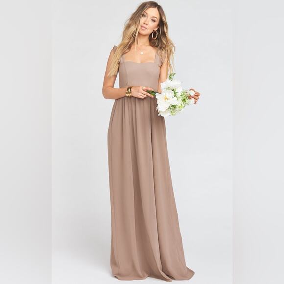 Show Me Your Mumu June Maxi Dress Ruffle Straps Dune Chiffon Tan Brown NWT Sz S - Picture 1 of 7